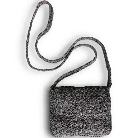 Vtg Gap Crochet Knitted Crossbody Mini Purse Tote Snap Closure Flap Woven Grey - Picture 1 of 11